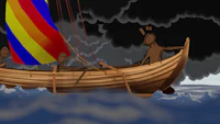 a cartoon of a boat with people on it