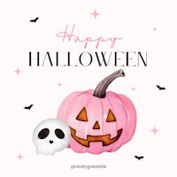 a pink pumpkin and skull with the words happy halloween