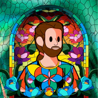 a stained glass image of a man with a beard and flowers