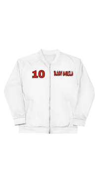 a white bomber jacket with the number 10 on it