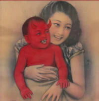 a painting of a woman holding a baby with a red devil