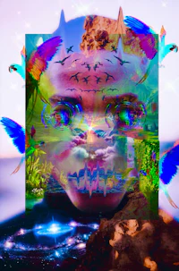 a colorful image of a person with birds in the background