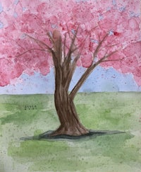 a watercolor painting of a cherry blossom tree