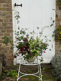 a white metal chair sits next to a potted plant