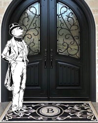 a drawing of a man in a hat standing in front of a door