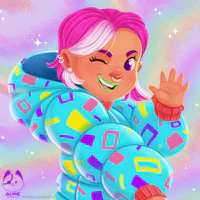a cartoon of a girl with pink hair waving