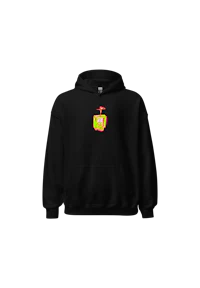 a black hoodie with an orange and yellow hoodie