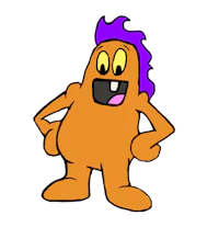 an orange cartoon character with purple hair