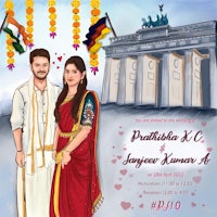 a drawing of an indian couple in front of the brandenburg gate