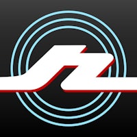 a logo with a red, white, and blue arrow