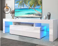 a white tv stand with blue led lights