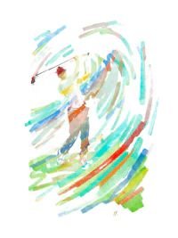 a watercolor painting of a golfer swinging a club