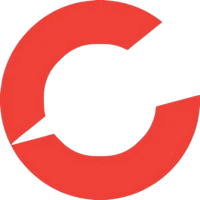a red logo with the letter c