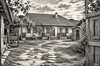a black and white drawing of a house