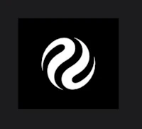 a white logo with a black background