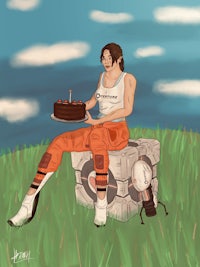 a woman sitting on a block with a cake