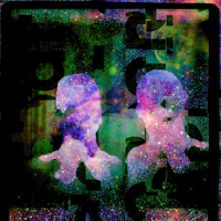 a black and white image of two people in front of a galaxy