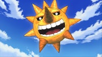 a cartoon sun with teeth flying in the sky