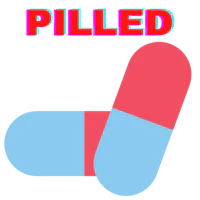 a blue and red pill with the words piled on it