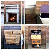 a collage of pictures of furniture and a fireplace