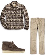 a man's outfit with a tan shirt and brown shoes