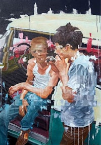 a painting of two boys sitting in front of a car