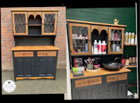 two pictures of a hutch that has been painted