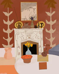 a drawing of a living room with a fireplace