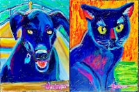 two paintings of a cat and a dog