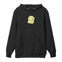 a black hoodie with a yellow dog on it