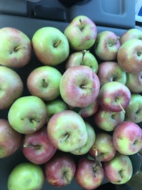 a bunch of green and red apples sitting in a car