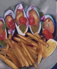 a painting of french fries and clams in a bowl