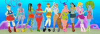 a group of cartoon characters standing next to each other
