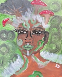 a painting of a woman with mushrooms on her face