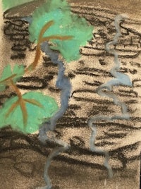 a drawing of a river and trees