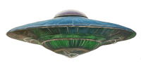 a blue and green alien spaceship on a black background