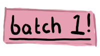 a pink piece of paper with the word batch 1 written on it