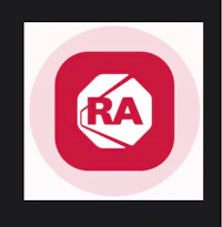 a red and white logo with the word ra