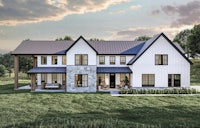 a rendering of a home with a white exterior and a metal roof