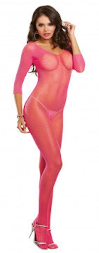 a woman in a pink fishnet bodystocking