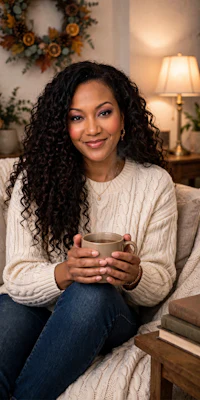 a woman with curly hair sitting on a couch holding a cup of coffee