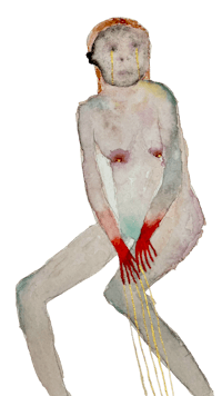 a painting of a naked woman sitting on a black background