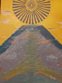 a painting with a yellow, blue, and green sunburst