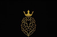 a golden lion head with a crown on a black background