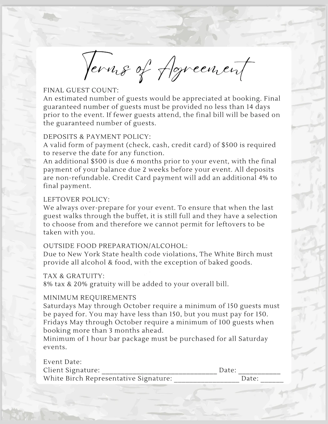 White Birch wedding contract and additional information