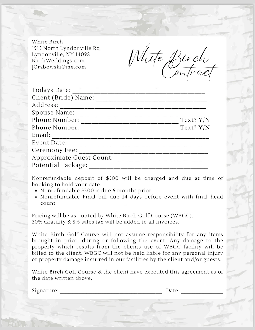 White Birch wedding contract and additional information