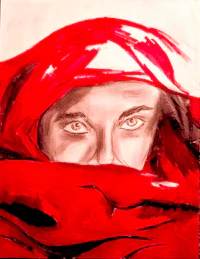 a painting of a woman with a red scarf