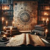 a book on a table with candles and occult symbols