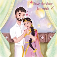 save the date illustration of a couple in sari