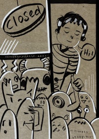a cartoon of a boy with a sign that says closed